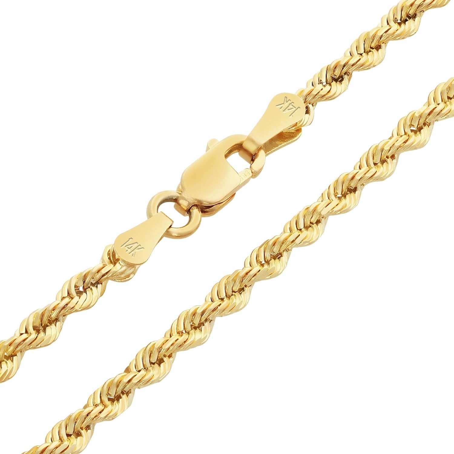 Nuragold 14k Real Yellow Gold 2mm Solid Rope Chain Diamond Cut Necklace (16"-30") Italian Jewelry for Men & Women