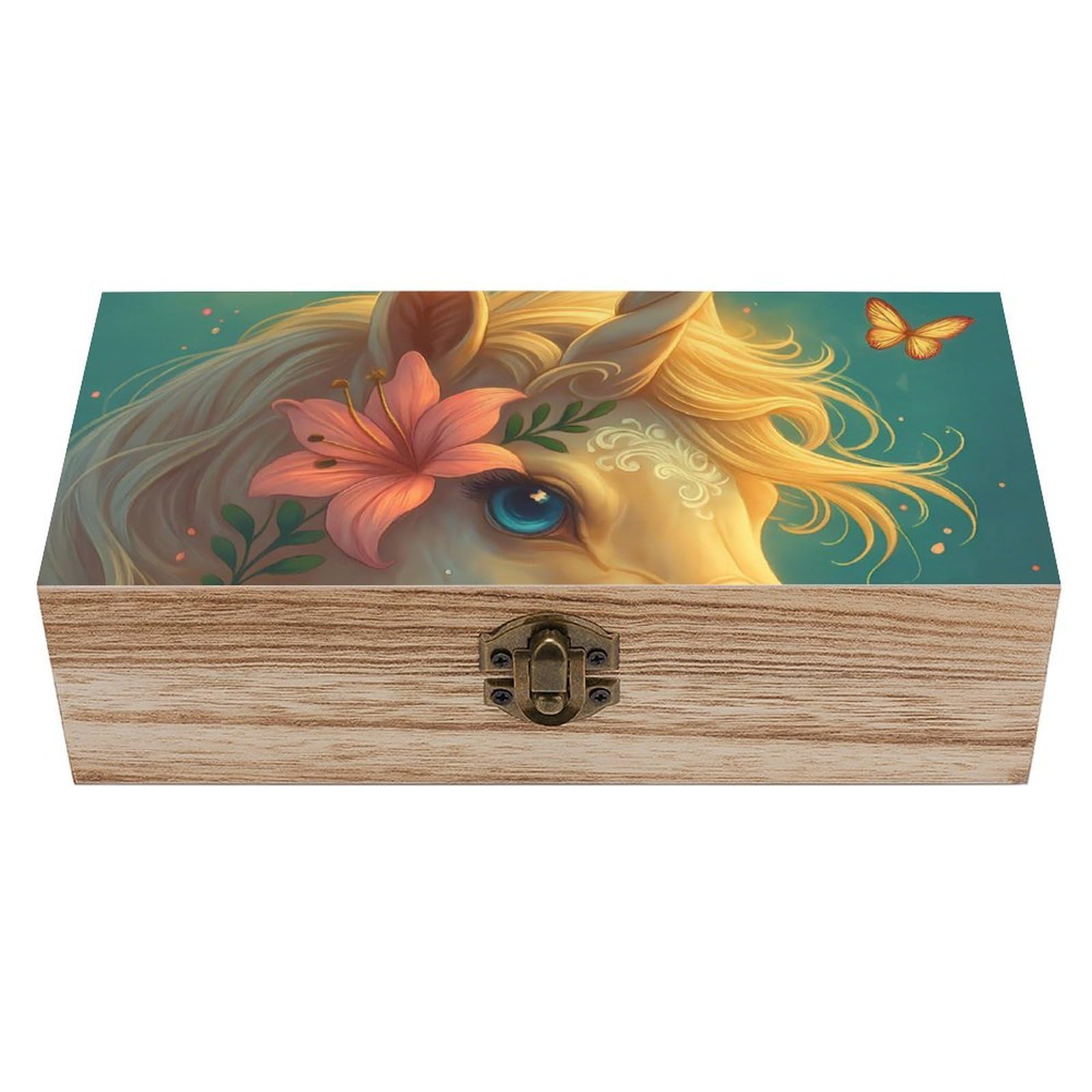 Oudrspo Pretty Unicorn with Lily Retro Wooden Storage Box Keepsake Jewelry Decorative Art Storages Box Gift Boxs
