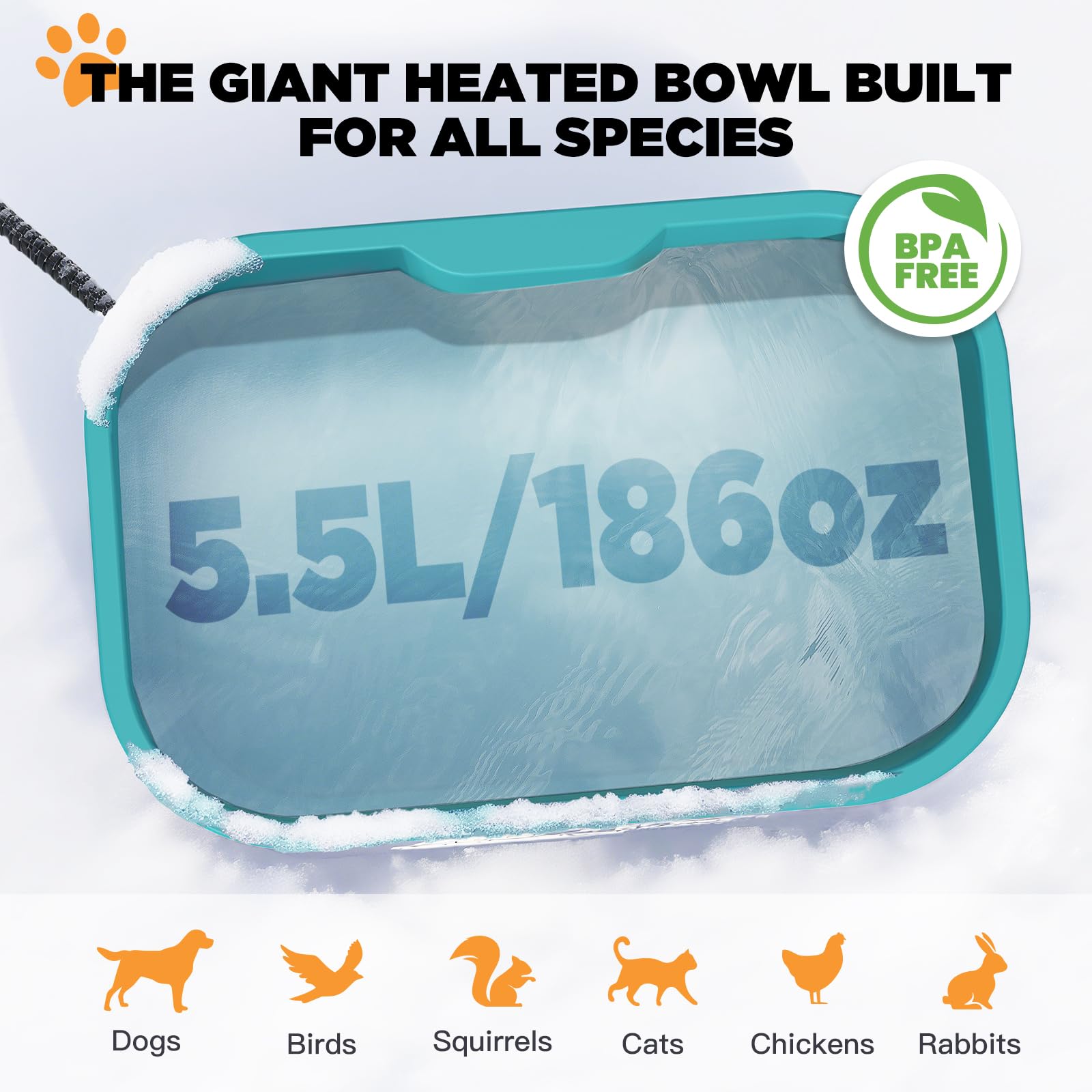 IPOW Ciotola riscaldata per animali domestici, 5,5 l, rettangolare, per esterni, resistente, con cavo anti-masticazione, mantiene l'acqua calda a 25-35 °C, per cani e gatti, senza BPA, a prova di