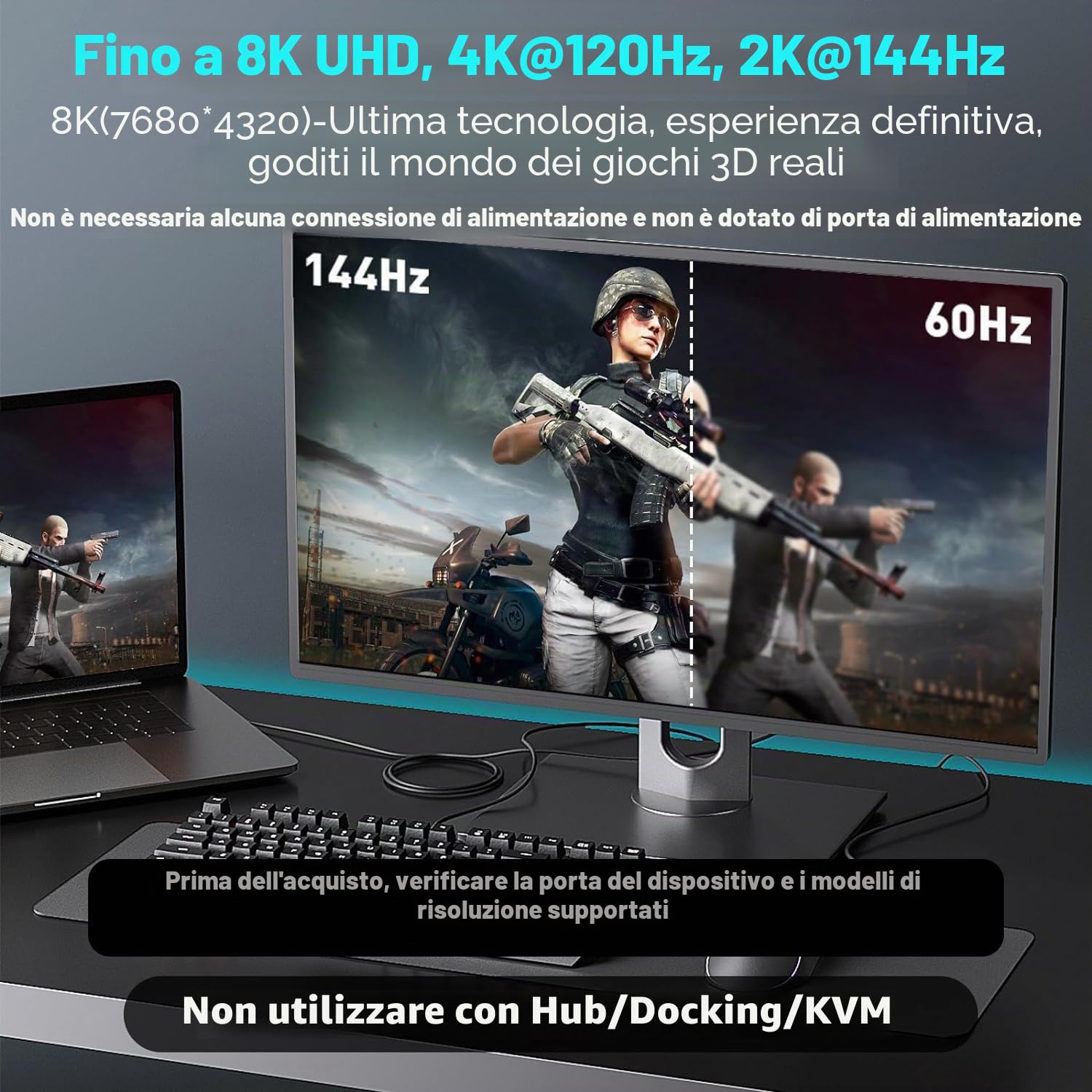 Cavo da DisplayPort a HDMI 8K da 1,8 m [8K a 60Hz, 4K a 120Hz, 2K a 144Hz] Unidirezionale DP Source a display HDMI, cavo intrecciato da DisplayPort 1.4 a HDMI 2.1 per AMD, NVIDIA
