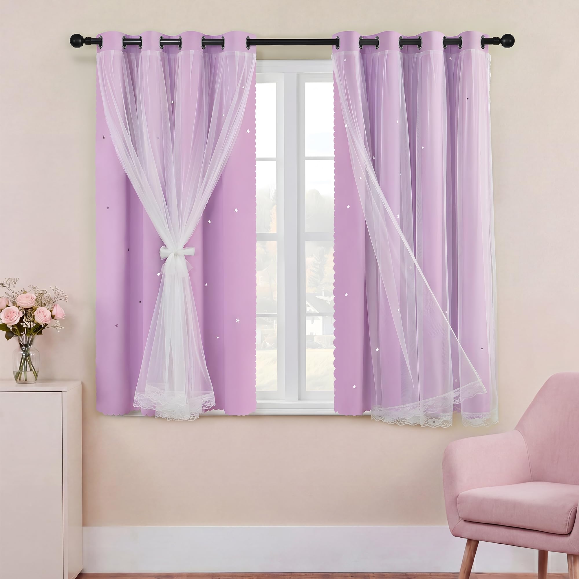 XiDi Purple Curtains for Girls Bedroom 2 Panels 63 Inches Long Hollow-Out Star Kids Nursery Blackout Curtains Princess Mermaid Wall Decor Double Layer Grommet Window Drapes Lilac Purple W34 x L63