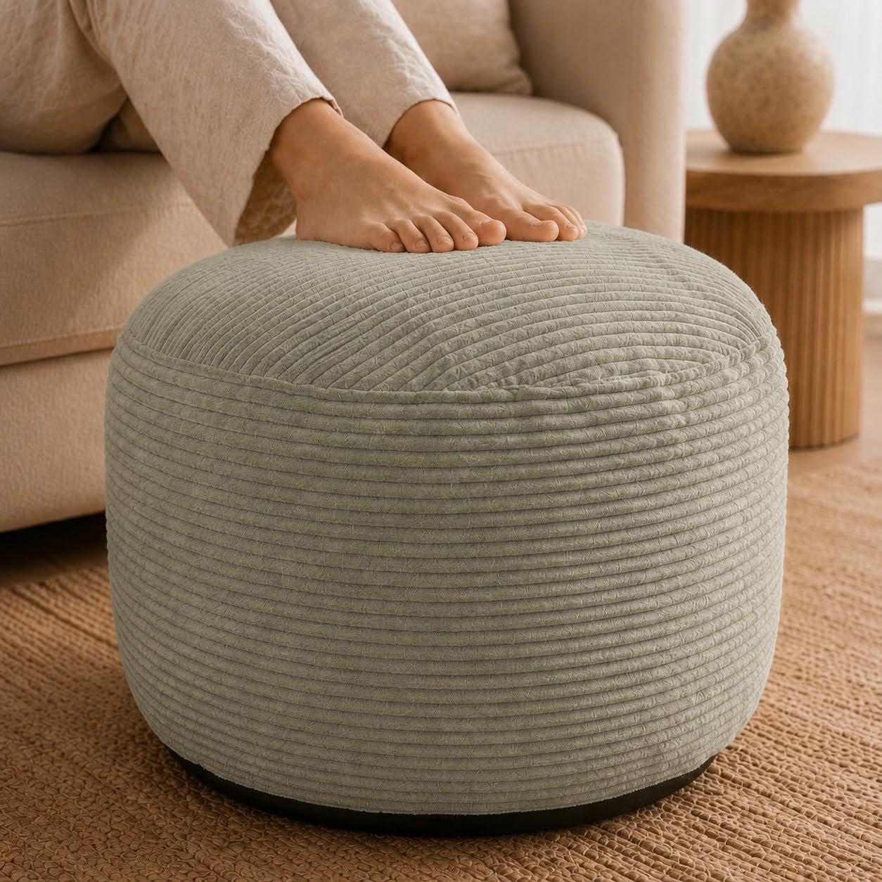 Stuffed Pouf Ottoman,Corduroy Foot Rest,Light Greige,24 Inch