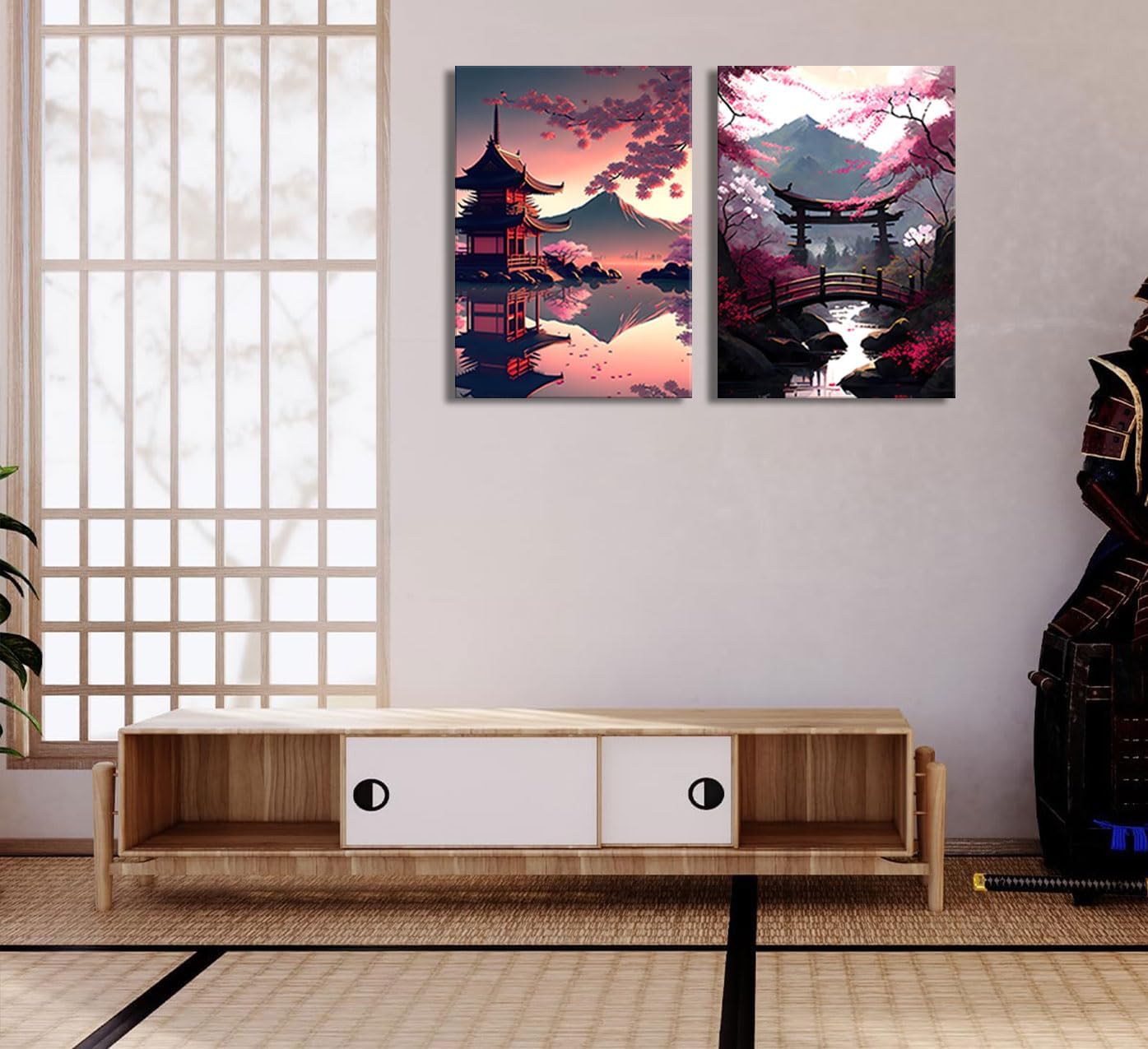 2Pcs Japanese Canvas Wall Art Japan Landscape Posters Prints Sakura Wall Decor Pictures for Living Room Bedroom Home Decoration, 12x16in