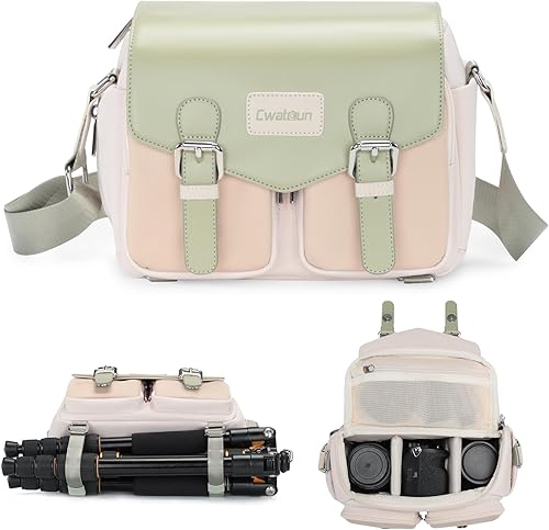 Miniatura 19 de Cwatcun Bolsa de Hombro para Cámara Estuche de Cámara Compacta, Pequeña Bolsa Mensajero Impermeable para Cámara con Soporte para Trípode, Bolsa de