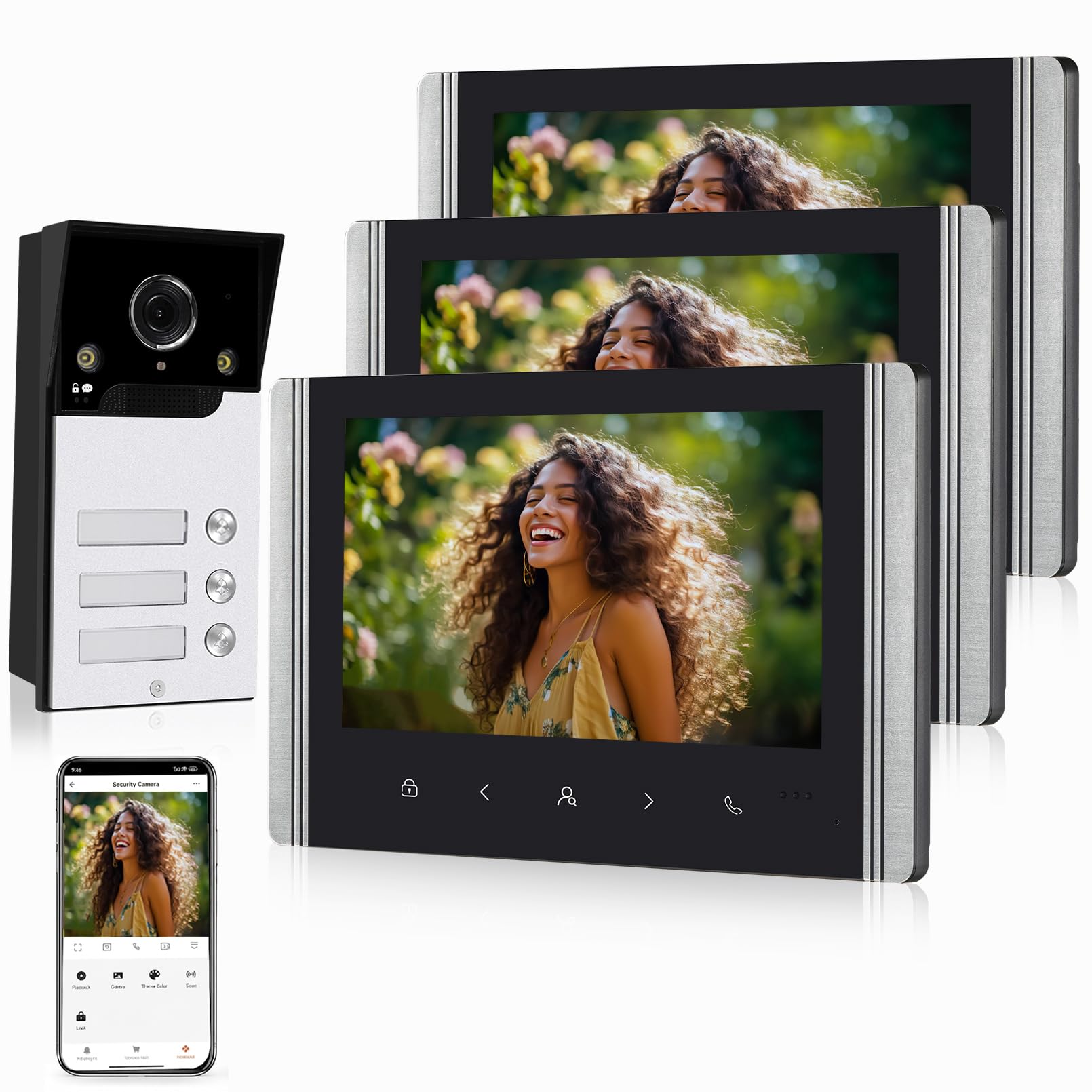 WLAN Wireless Video Türsprechanlage,1080P Außenkamera,7 Zoll AHD Touchscreen Wireless Monitor,PIR Bewegungserkennung,Nachtsicht,Tuya APP Steuerung (3 Familienhaus)