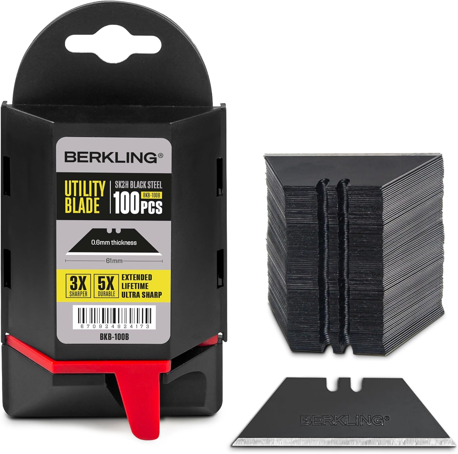 Berkling SK2H Utility Knife Blades 100 Pack with Dispenser - 3X Sharper, 5X Durable Laser-Sharpened Black Carbon Steel T-Shape Razor Blades