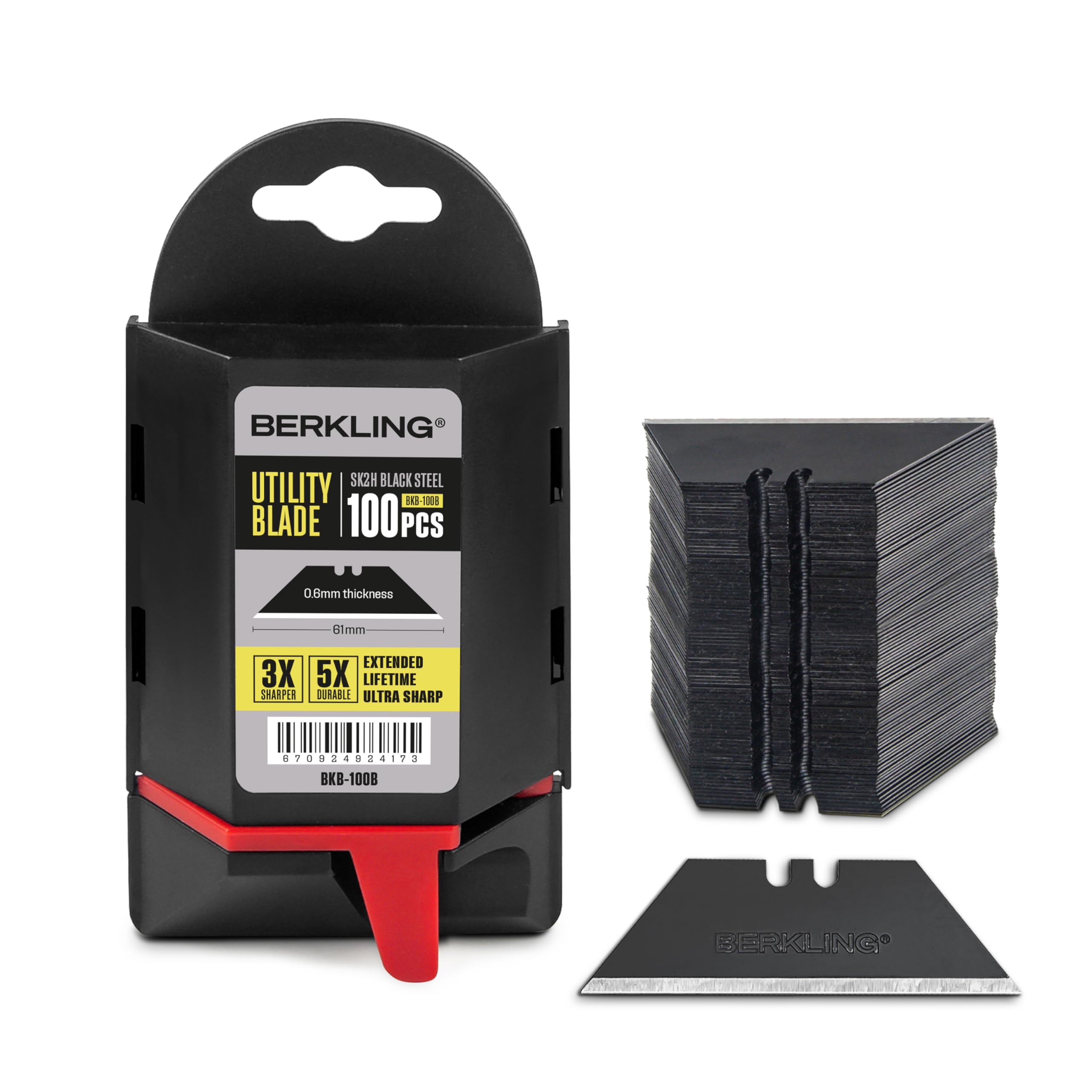 Berkling Utility Knife Blades 100 PCS With Dispenser, SK2H Laser Sharpened Hardened Black Carbon Steel, Ultra 3X Sharper, and 5X More Durable, Standard T-Shape Replacement Box Cutter Razor Blades