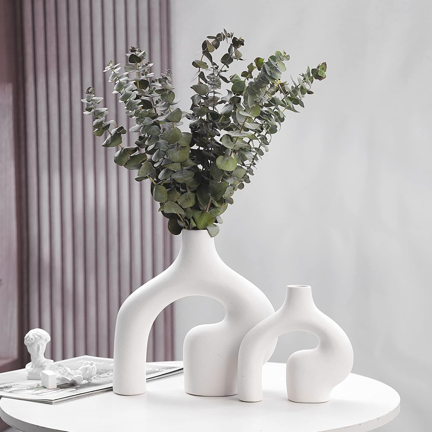 Ceramic Vase Set of 2 Modern Decor Vase for Living Room Minimalist Donut Boho Vase, Coffee Table Decor, Unique Wedding Dinner Table/Office/Bedroom Accent, Decorative Gift (White)