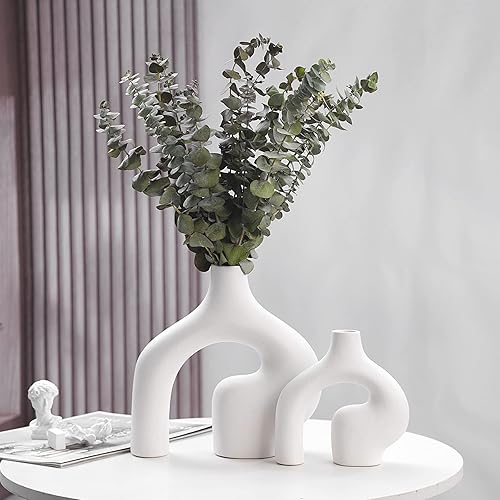 White Ceramic Vase Set of 2 Modern Decor Vase for Living Room Minimalist Cream Donut Boho Vase, Coffee Table Decor, Unique Wedding Dinner Table/Office/Bedroom Accent, Decorative Gift (White)