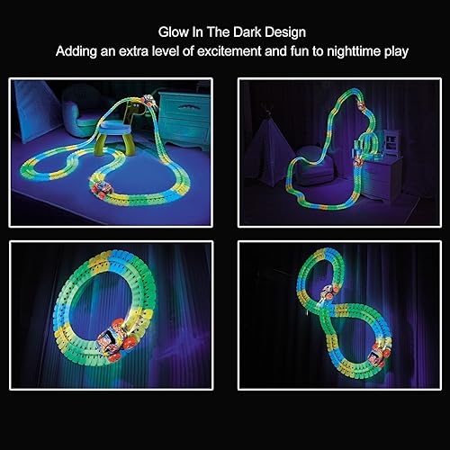 Miniatura 8 de Juego de pistas de autos de carreras que brillan en la oscuridad, juguetes flexibles intercambiables para niños y niñas (56 piezas)