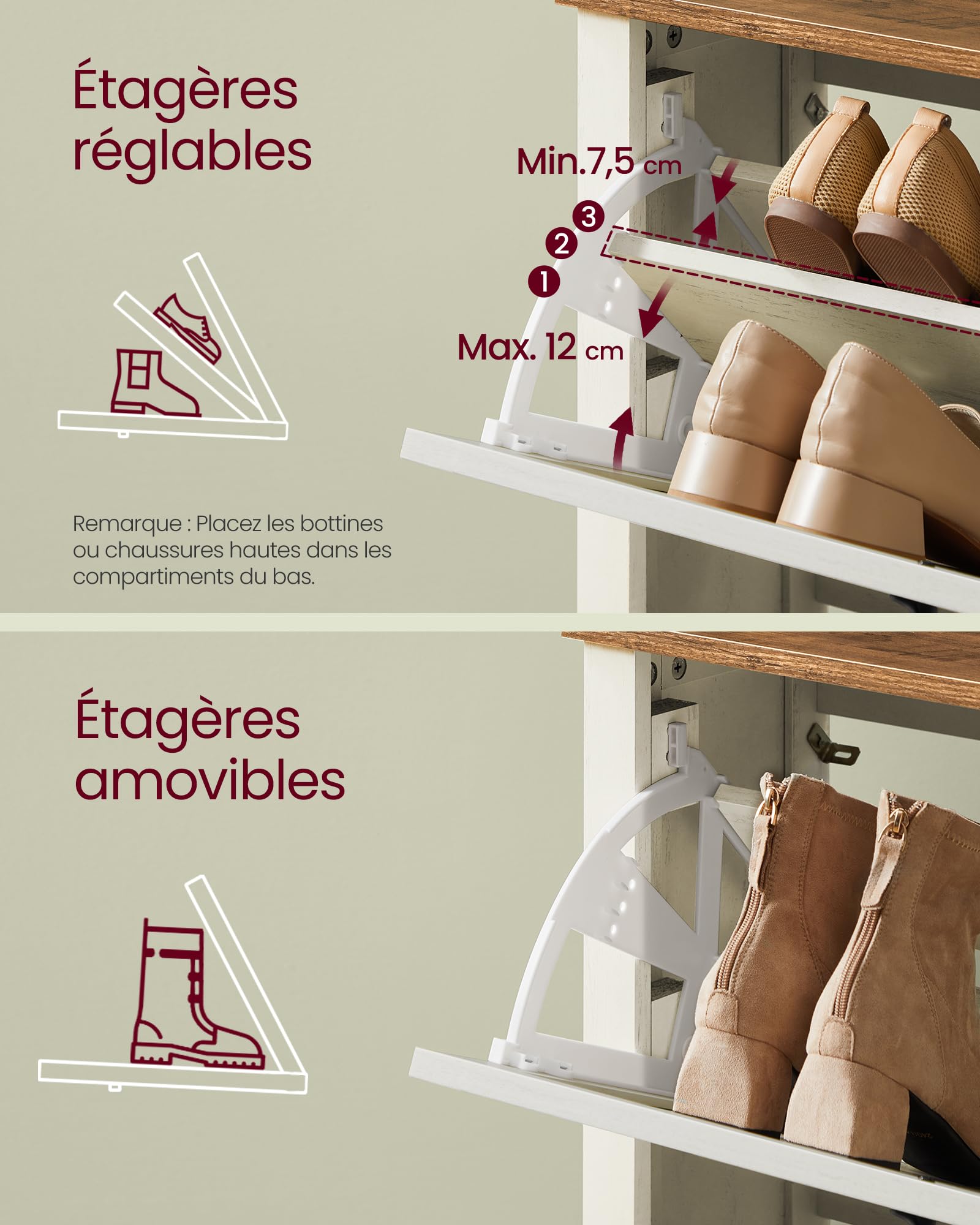 VASAGLE LIRY Collection - Meuble à Chaussures à 3 Abattants, Placard de Rangement Autoportant, Étroit, pour Entrée, Style Campagne, Capacité de 18 à 24 Paires, Blanc Rustique HSC301W02