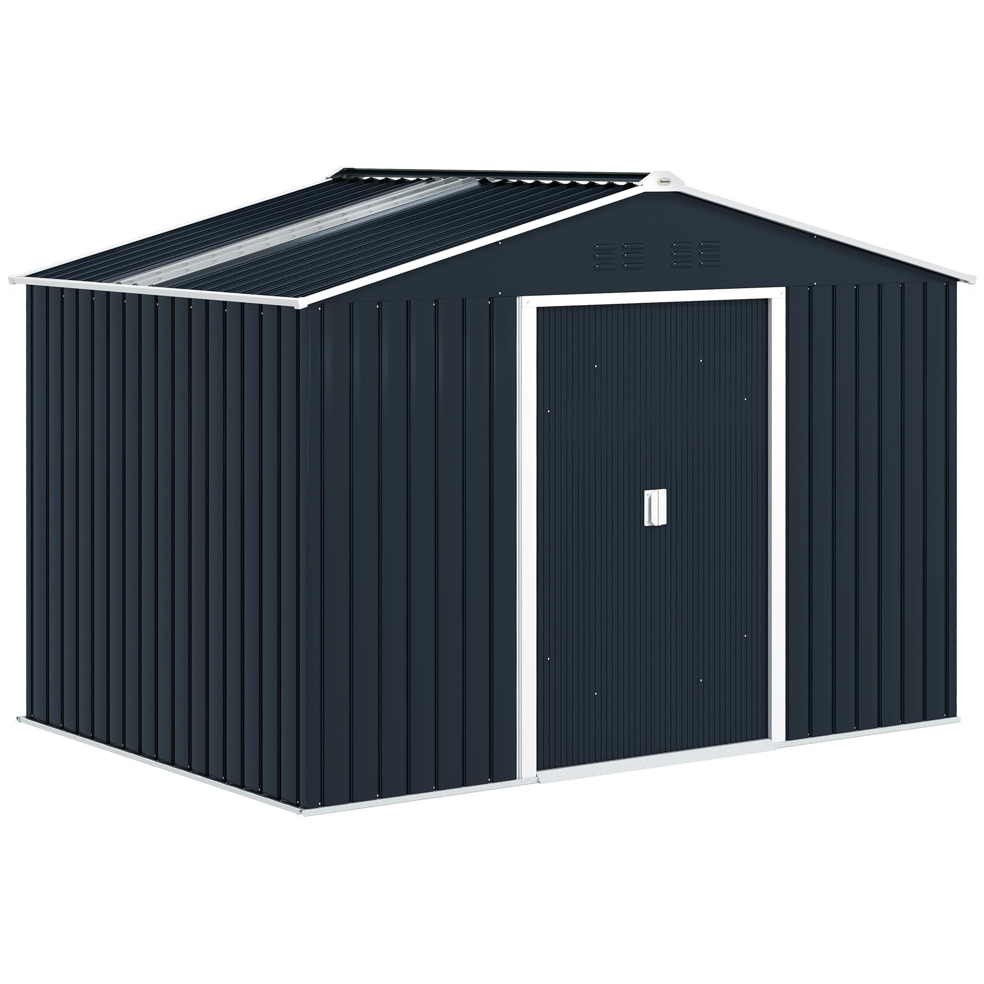 Outsunny Abri de Jardin en Acier galvanisé XXL 5,4 m² avec kit de Fondation 277x195x192cm, cabane de Jardin Toit en Fibre de Verre, cabanon Rangement Outils Portes coulissantes 4 aérations Gris foncé
