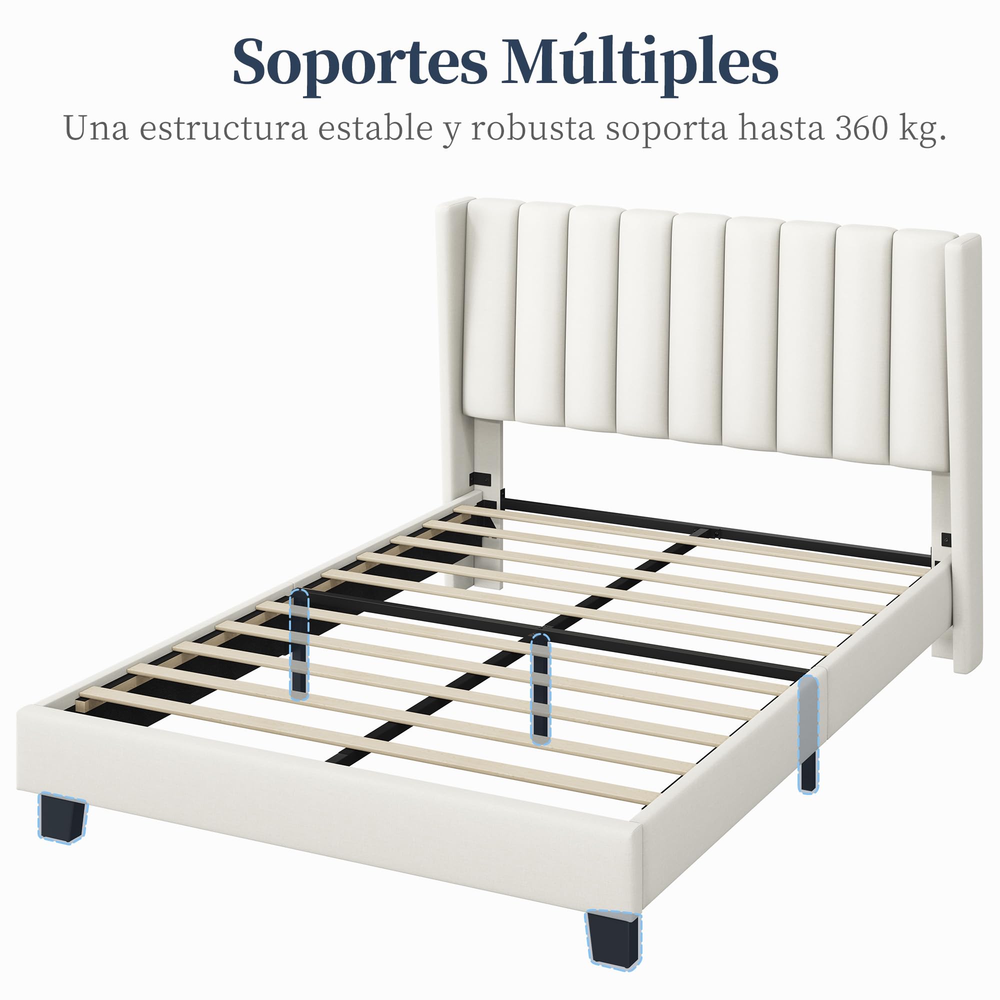 Yaheetech Cama Doble Tapizada 140 x 200cm con Somier de Lamas con Cabecero Rayado Moderno Estructura de Madera y Metal Marco de Cama para Adultos 2 Personas Beige