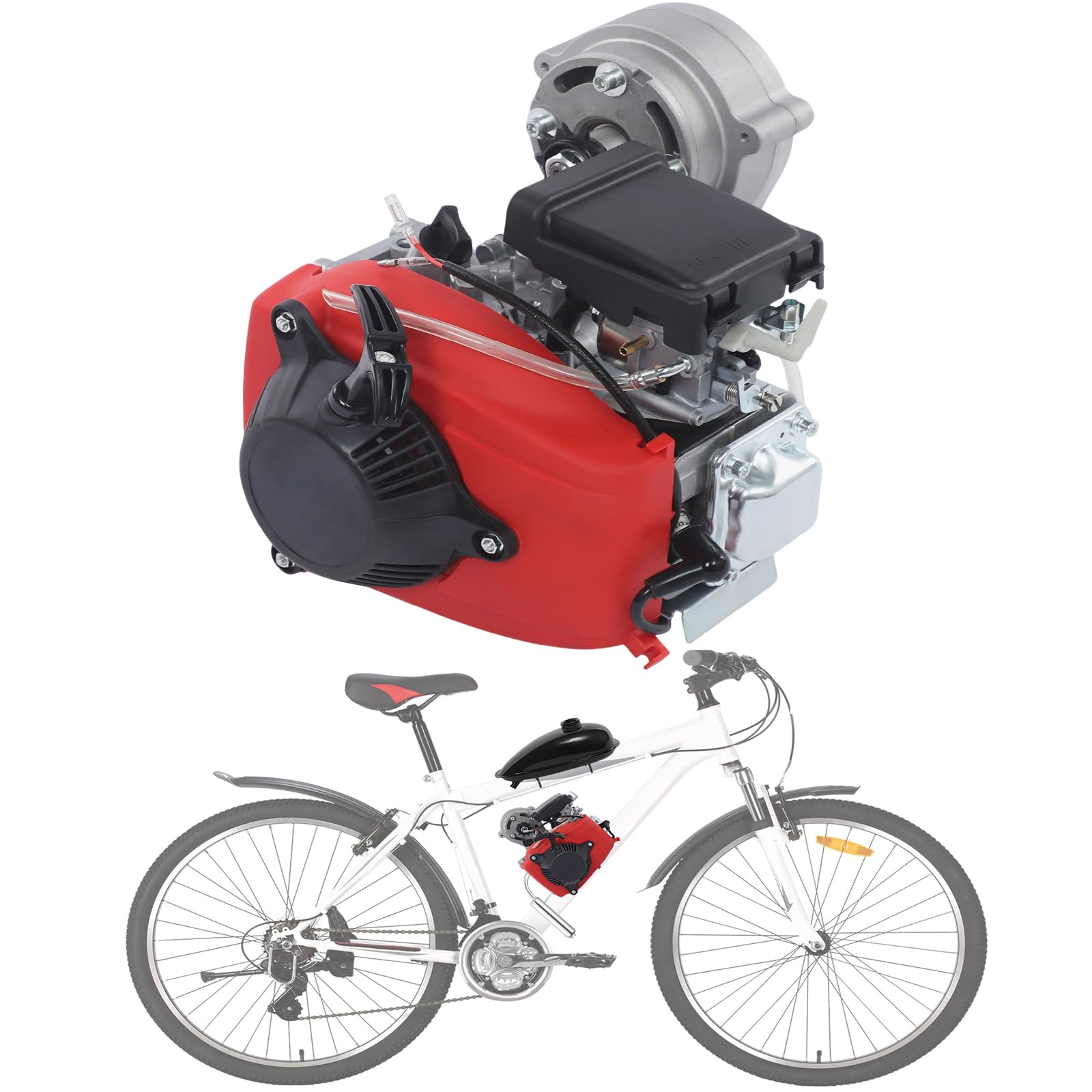 4-Stroke Gas Bicycle Motor, 53cc Bike Engine Kit, 1500w Petrol Clutch Output 6800rpm Rotational Speed Forced Air Cooling Hand-Pull Starting System for