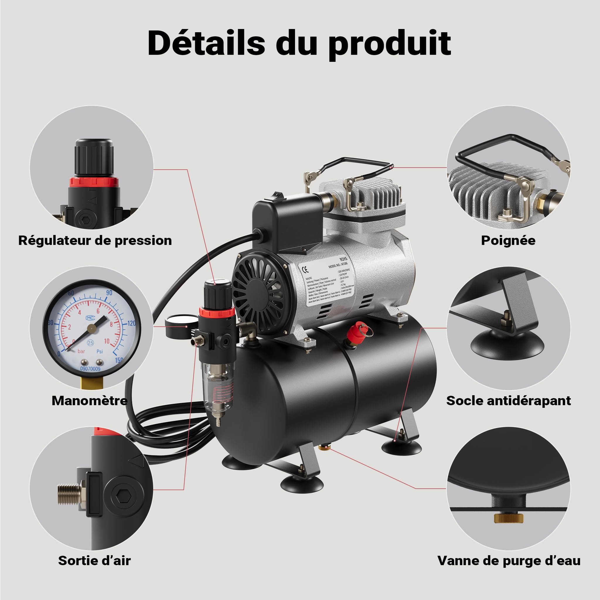 Wiltec Compresseur à membrane Aérographe Airbrush AF186 – 4 bar – Diaphragme – Sans huile – Réservoir d'air Réducteur de pression Coupure automatique – Aérographie, modélisme, manucure, tatouage