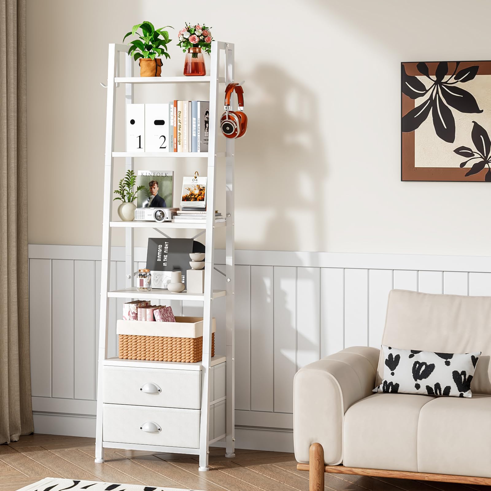 Estantería de 5 Niveles Tipo Escalera con 2 Cajones, Librería Estrecha Independiente para Almacenaje y Exhibición, Estilo Industrial, 39×29×161 cm (Blanco)