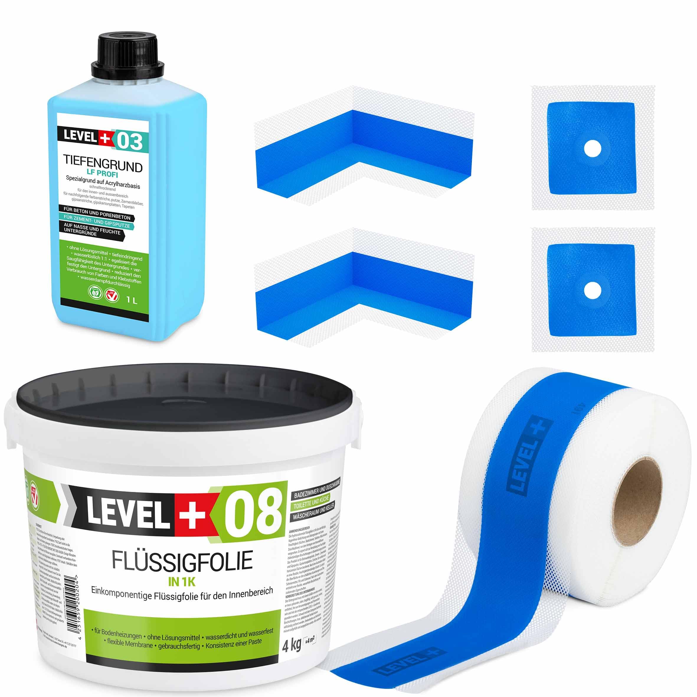 Dichtset 4 Kg Flüssigfolie, 2 Innenecken, 2 Wandmanschetten, 5m Dichtband | Tiefengrund 1 L Abdichtungsset Bandset Dusche Bad Küche SET300
