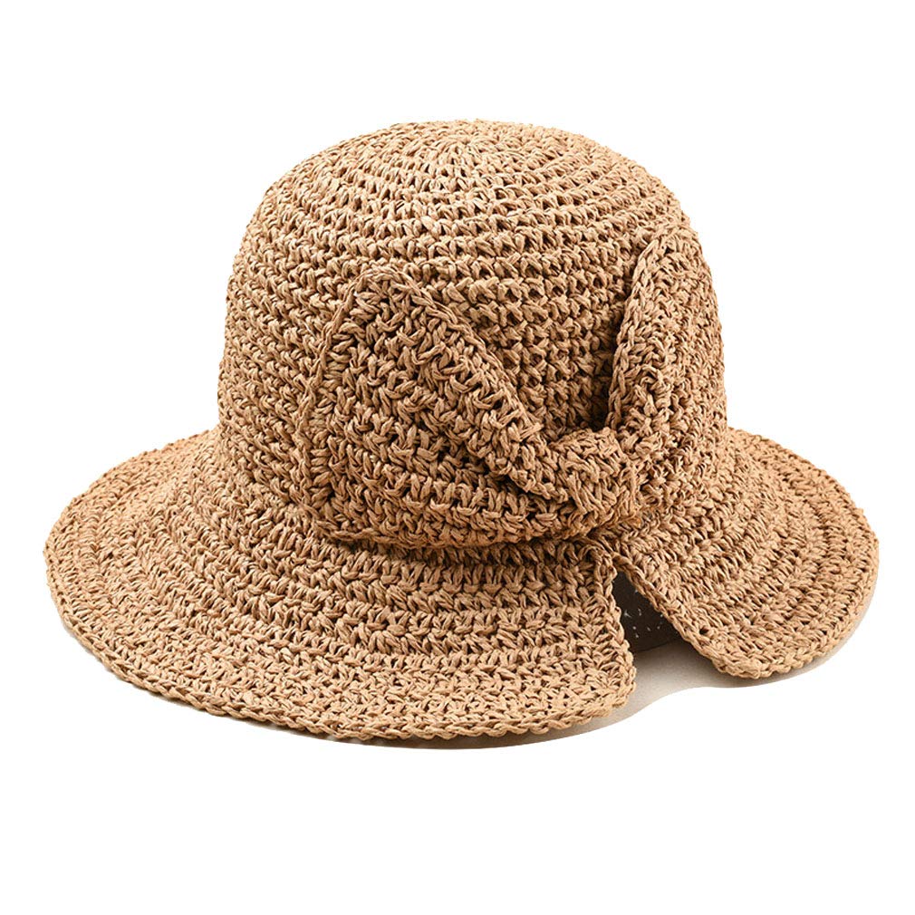 Junhouse Womens 100% Raffia Handmade Weave Bow Sun Hat Wide Brim Floppy Summer Straw Hats Beach Bucket Hat Shade Hat