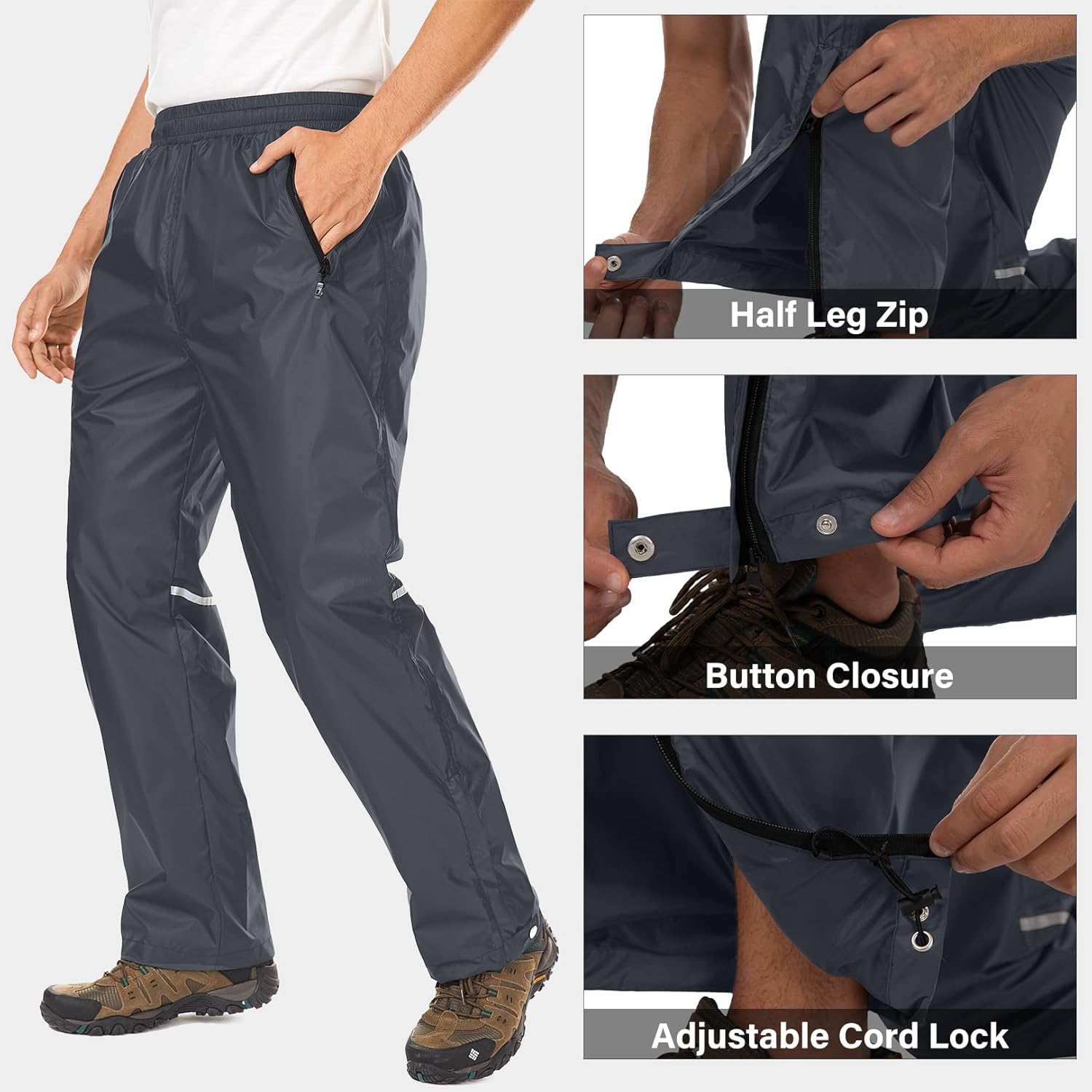 Men's Rain Pants Waterproof Over Pants Windproof Outdoor Hiking Pants for Golf,Fishing,Cycling - Image 5