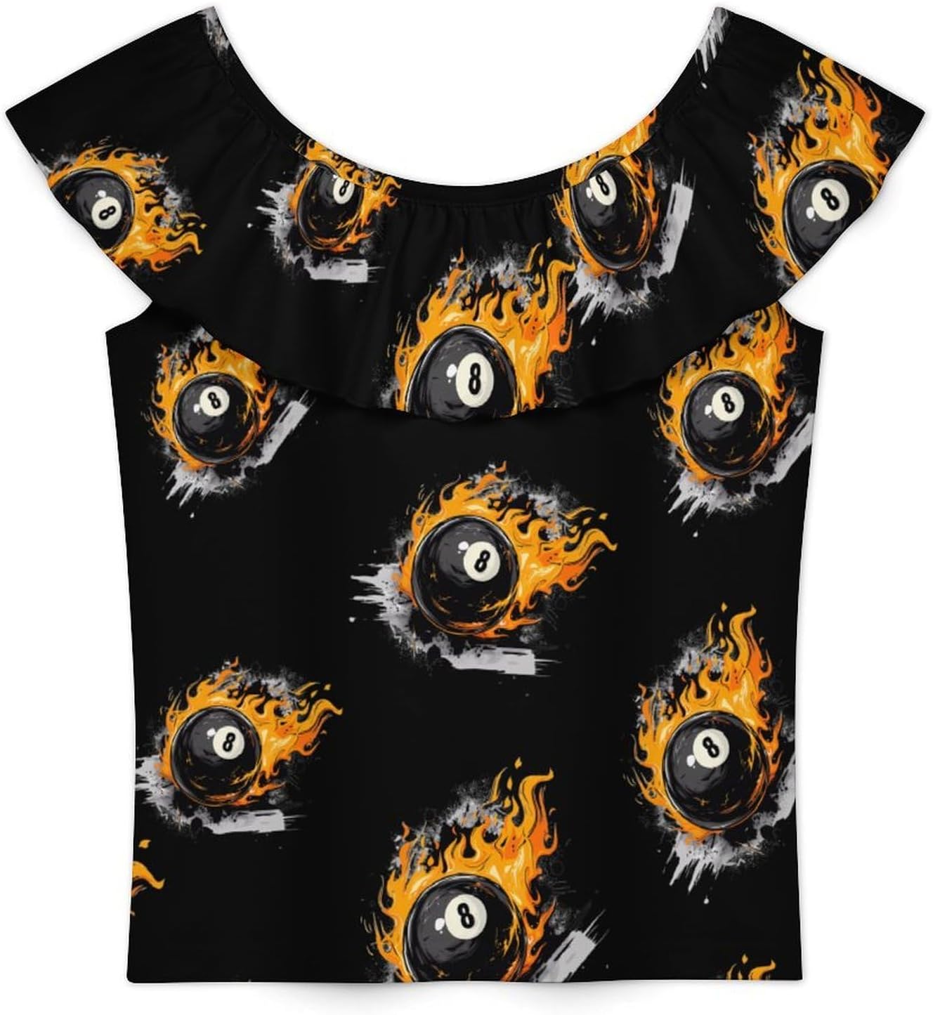 Graffiti 8 Ball Billiards with Flames Girls T-Shirts Top Ruffle Short Sleeve Blouse Casual Graphic Tees