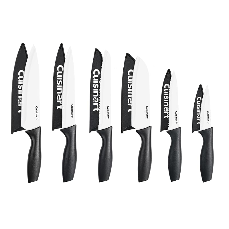 Cuisinart Knife Set, 12pc Ceramic Coated Knife Set with 6 Blades & 6 Blade Guards, Lightweight, Stainless Steel, Durable & Dishwasher Safe (Black/White)