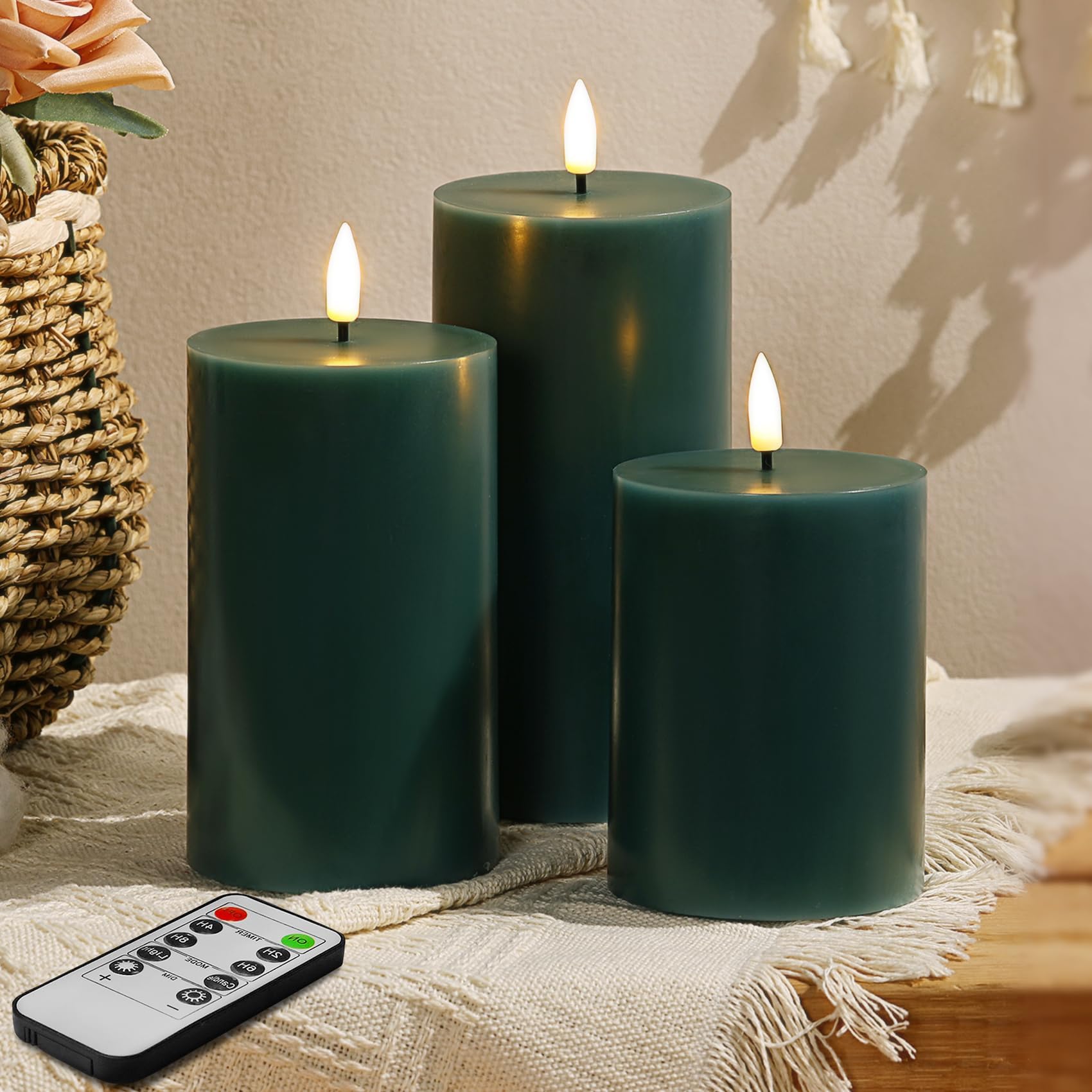 Eywamage Green Flameless Pillar Candles with Remote, Flickering Battery Powered LED Wax Candles Φ 3" H 4" 5" 6"