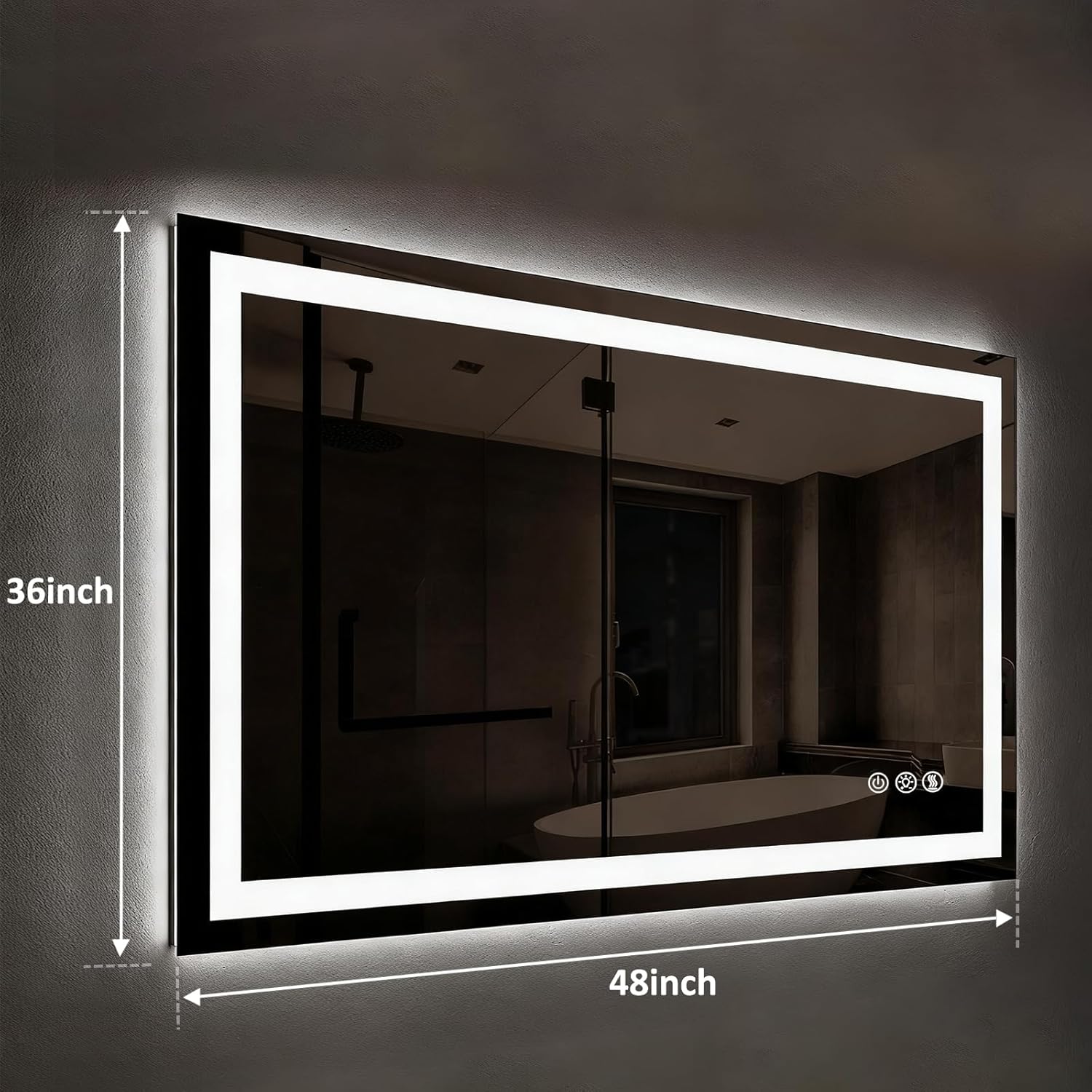 ROOMTEC 48 x 36 Inches LED Bathroom Mirror with Front and Backlit,Anti-Fog,3 Colors and Dimmable Light(Horizontal/Vertical), Silver