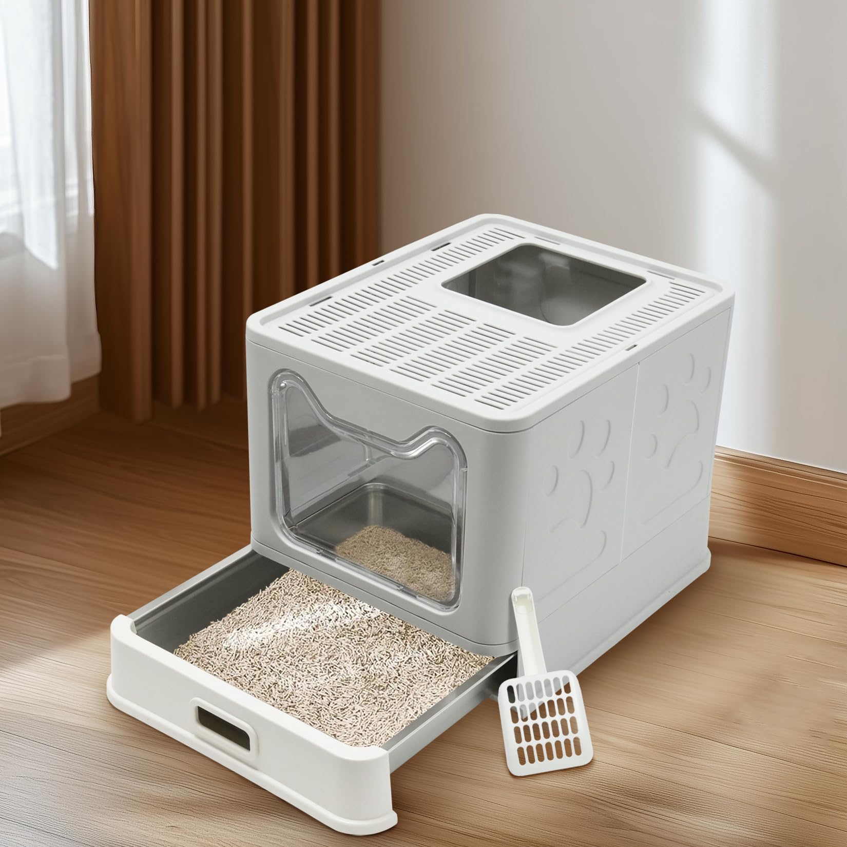 BingoPaw Lettiera Gatto Chiusa Acciaio Inox Cassetto Facile da Pulire | Per Peso Inferiore a 5 kg, Staccabile, Antiodore, con Paletta