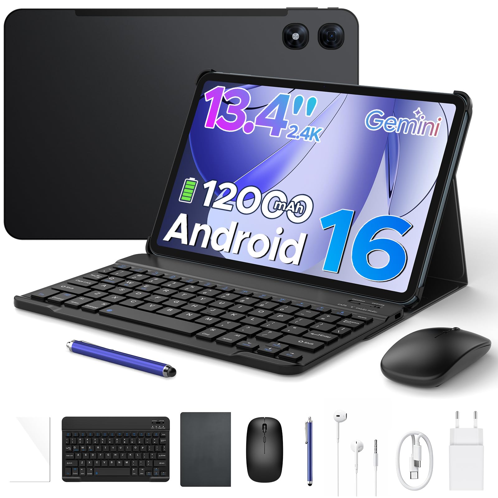 P13 Pro Tablet 13 Pollici, IPS 2.4K, 120Hz,T7280 Octa-Core, 48GB+256GB(TF 2TB), 12000mAh/18W, 16MP+8MP, 4G LTE, Gemini AI Tablet android 16, Face ID/WiFi5/GPS/FM/con Tablets Tastiera e Penna, Nero