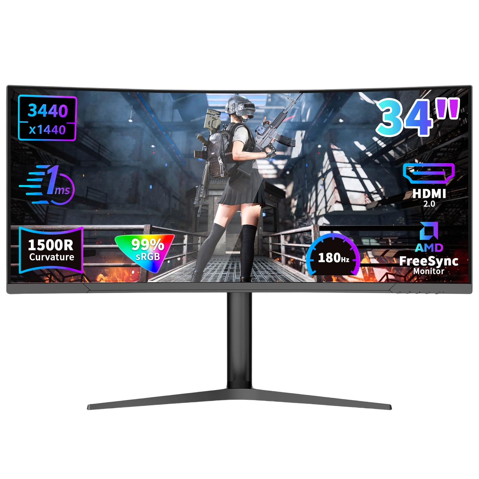 Molegar 34 Inch Curved Gaming Monitor 180Hz UWQHD 3440x1440 1ms 1500R VA Panel 4000:1 Contrast 99% sRGB Ultrawide 21:9 Borderless RGB FreeSync VESA Mount Height Adjustable Tilt Swivel HDMI DP,Black