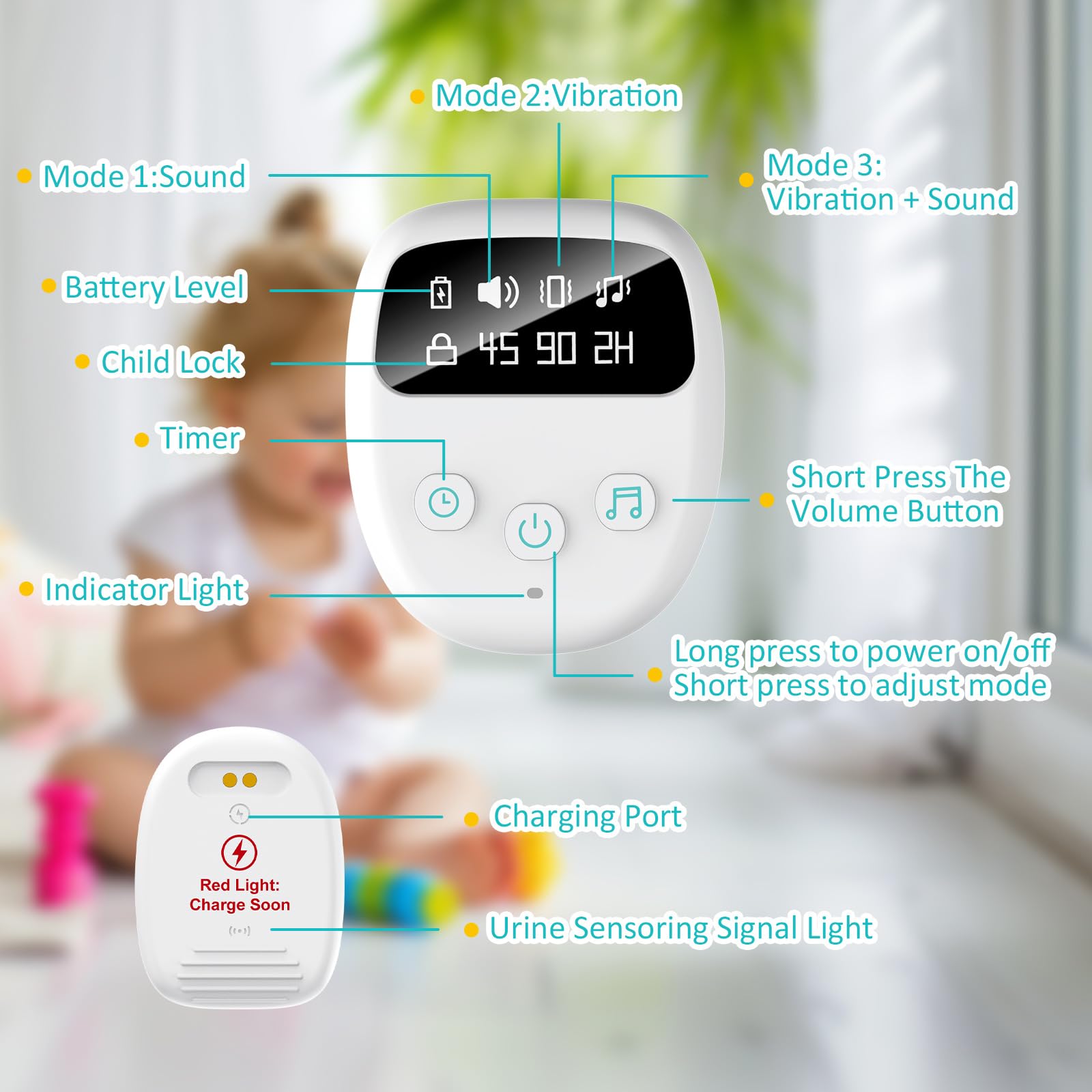 Réveil Anti-Pipi Au Lit sans Fil pour Enfants, Haute Sensibilité, Rechargeable USB, 3 Modes: Son Et Vibration, Capteur De Rééducation Nocturne pour Enfants Et Personnes Âgées