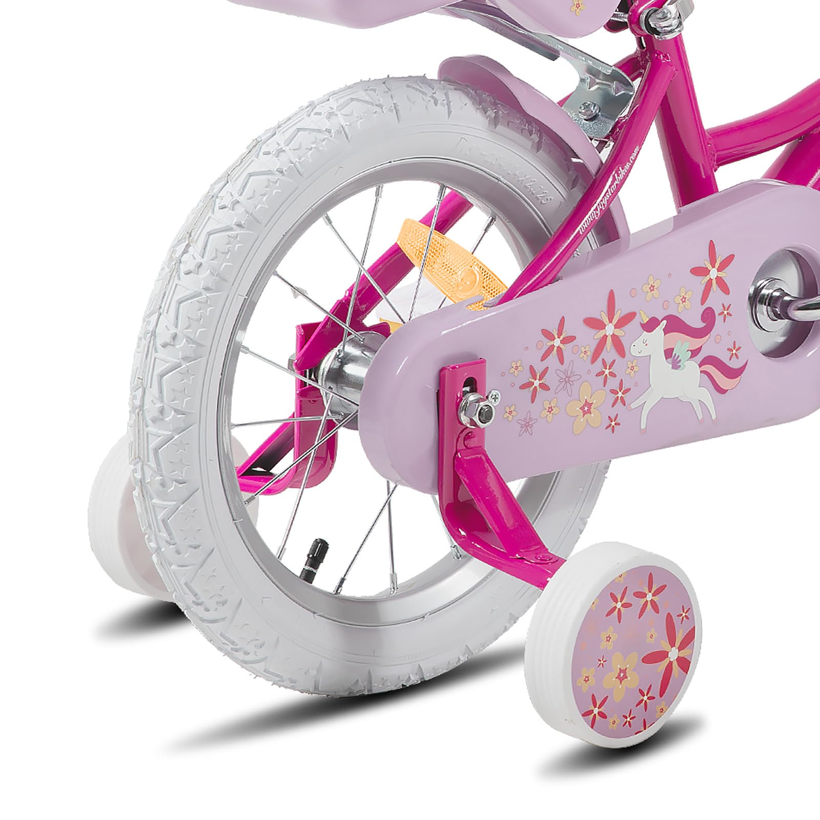 JOYSTAR Bicicleta Unicornio 12/14/16/18 Pulgadas para Niñas de 2-9 años, Bicicleta Infantil con Asiento de Muñeca y Ruedas Estabilizadoras y Cesta