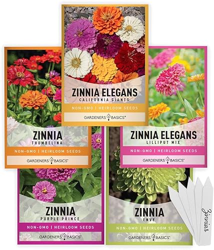 Gardeners Basics, Semillas de Zinnia para plantar al aire libre (5 variedades) variedades de pulbelina, lilliput, envidia, príncipe púrpura y pompón
