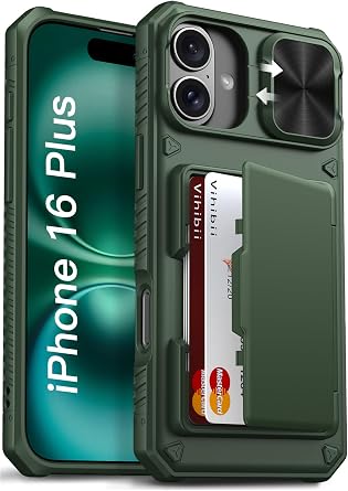 Vihibii for iPhone 16 Plus Case Wallet with Card Holder 4 Cards, Green | Integrated Wallet, RFID Blocking, Slide Lens Camera Cover, Military-Grade Drop Protection, Shopping & Traveling Light