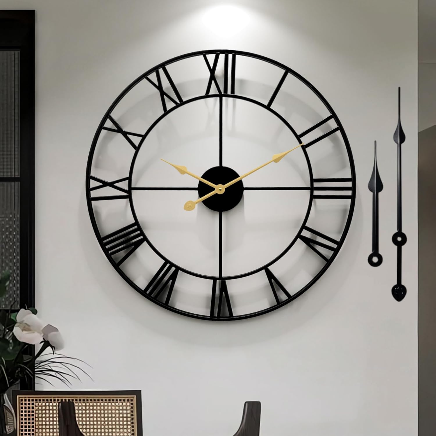 Large Big Wall Clocks for Living Room,Decorative Round Modern Wall Clock,Roman Silent Black Clock Battery Operated for Bedroom/Kitchen/Entryway/Office/Farmhouse 24Inch