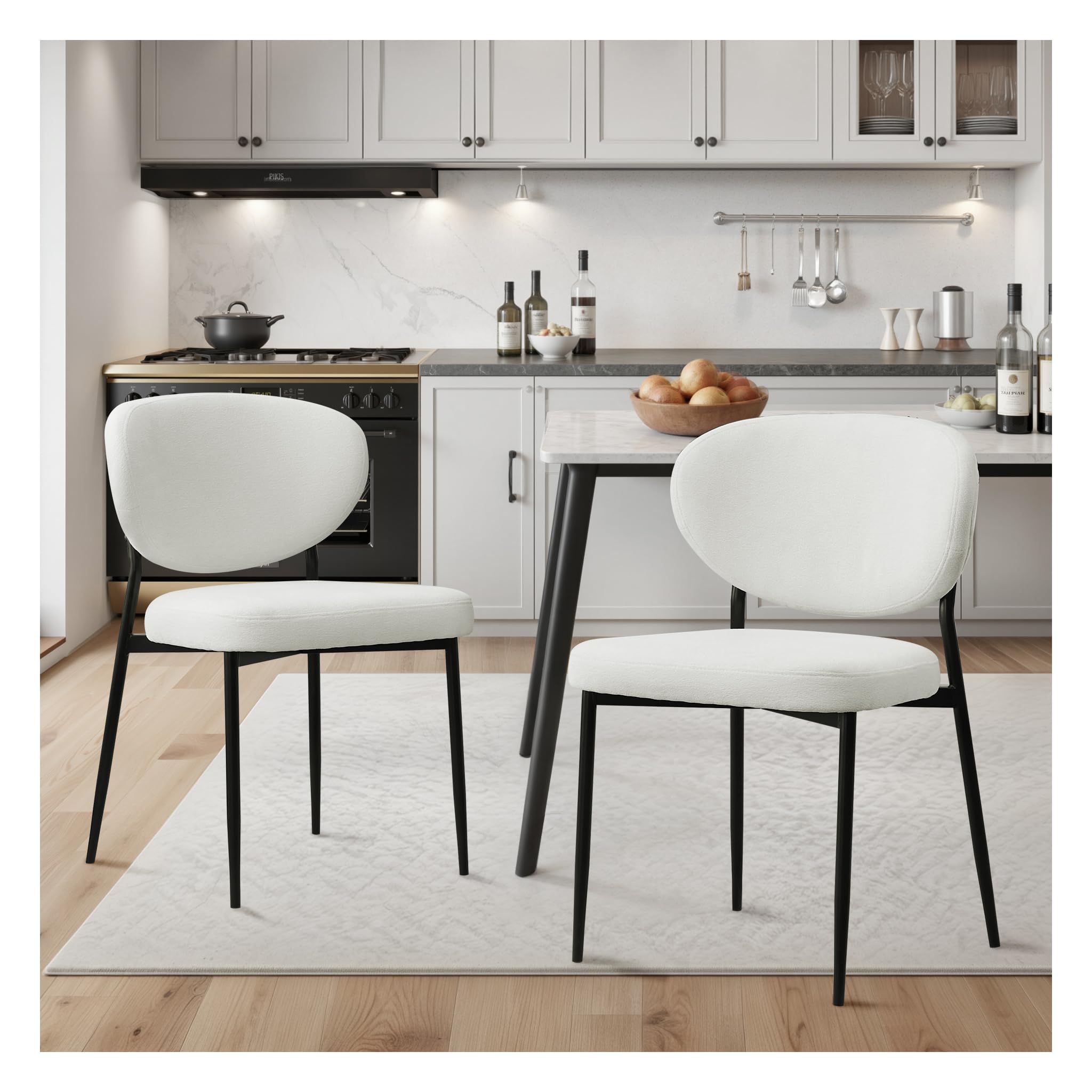 Upholstered Dining Chairs Set of 2 Modern Chenille Dining Room Chairs Wide Cushion with 58D Memory Foam Ergonomic Wingback Kitchen Chairs with Black Metal Leg for Living Room/Bedroom White