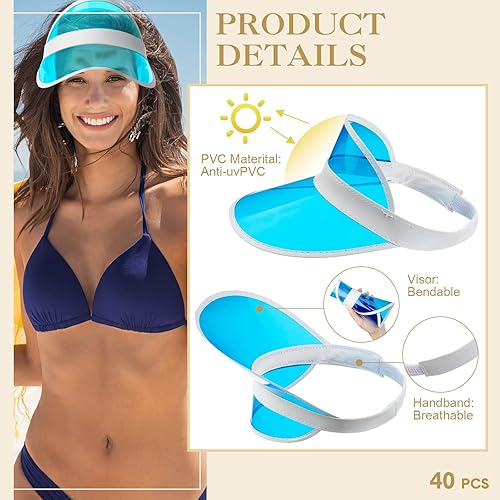Miniatura 3 de Paquete de 40 sombreros de plástico para mujer de PVC coloridos transparentes protección UV unisex para fiestas de tenis deportes fútbol golf