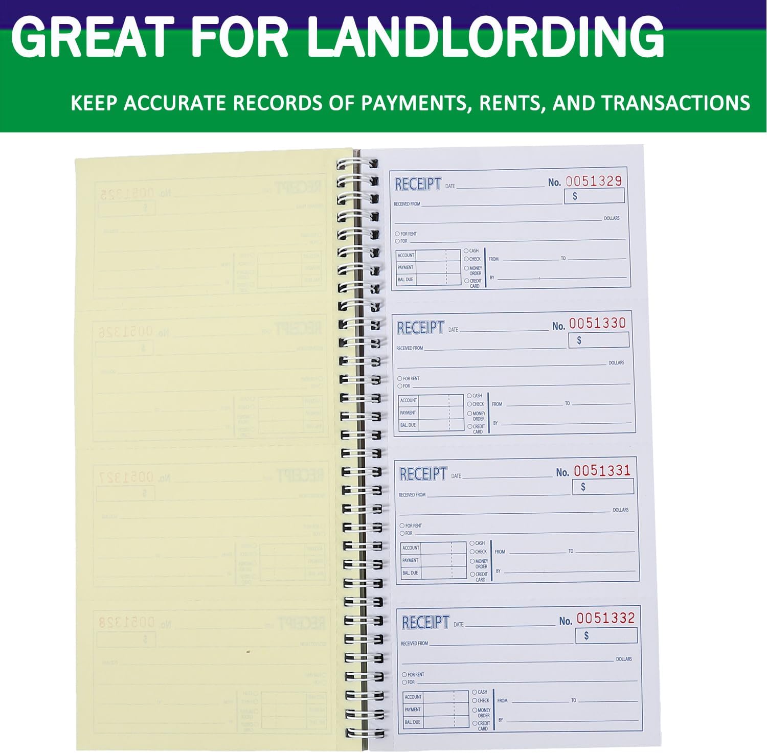 Cash Receipt Book, 200 Sets, 2-Part Carbonless, 5-1/4" x 11", Spiral Bound, White & Canary Copies - Numbered Forms for Cash Transactions, Rent Payments & Business Records (1pack)