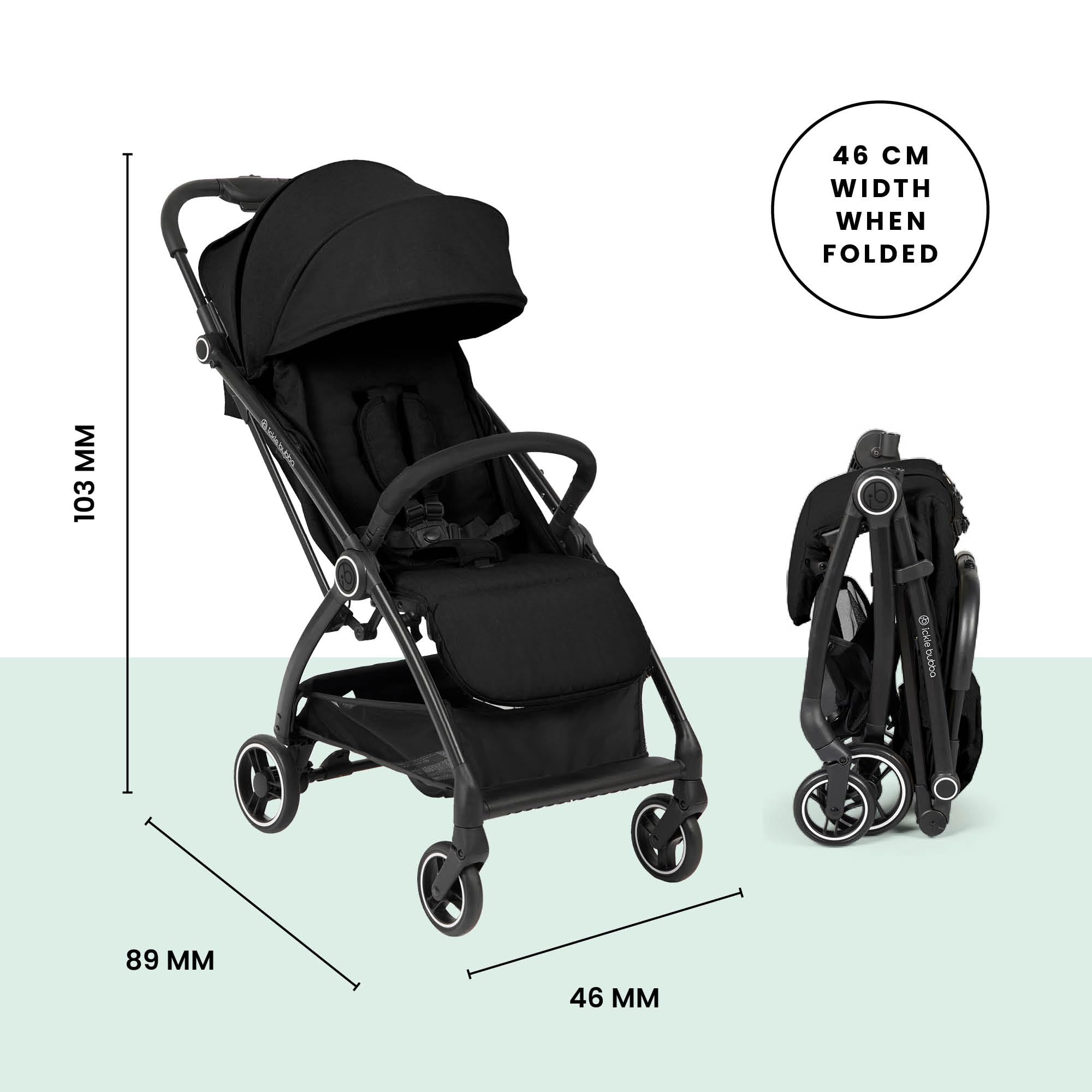 Wózek dziecięcy Ickle Bubba Aries Autofold – od urodzenia do 22 kg, lekka konstrukcja, wielopozycyjne oparcie, poręczny mechanizm automatycznego składania (Czarny, Maksymalny)