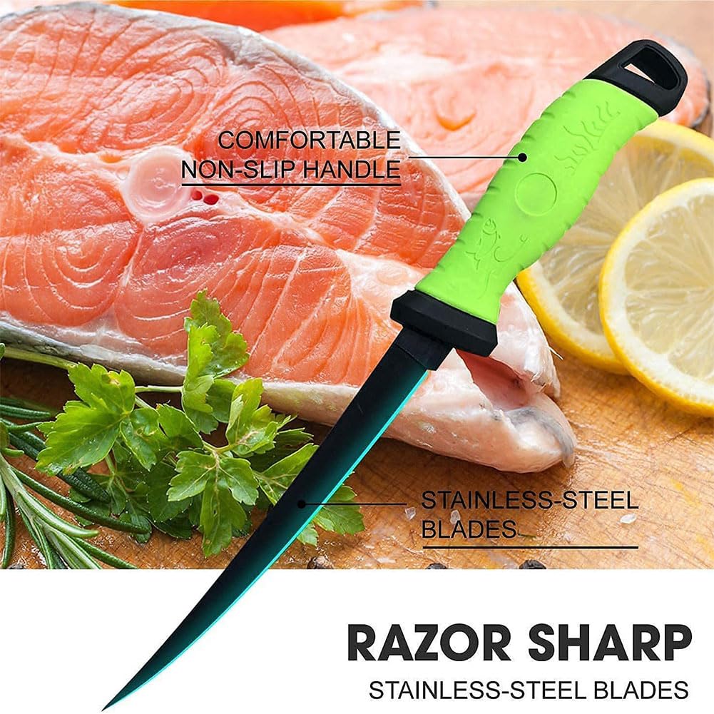 Comioke Couteau à Filet 7 Pouces, Couteau à Désosser, Couteaux à Désosser, Couteaux à Filet de Poisson avec Gaine de Protection et Affûteur (Vert)