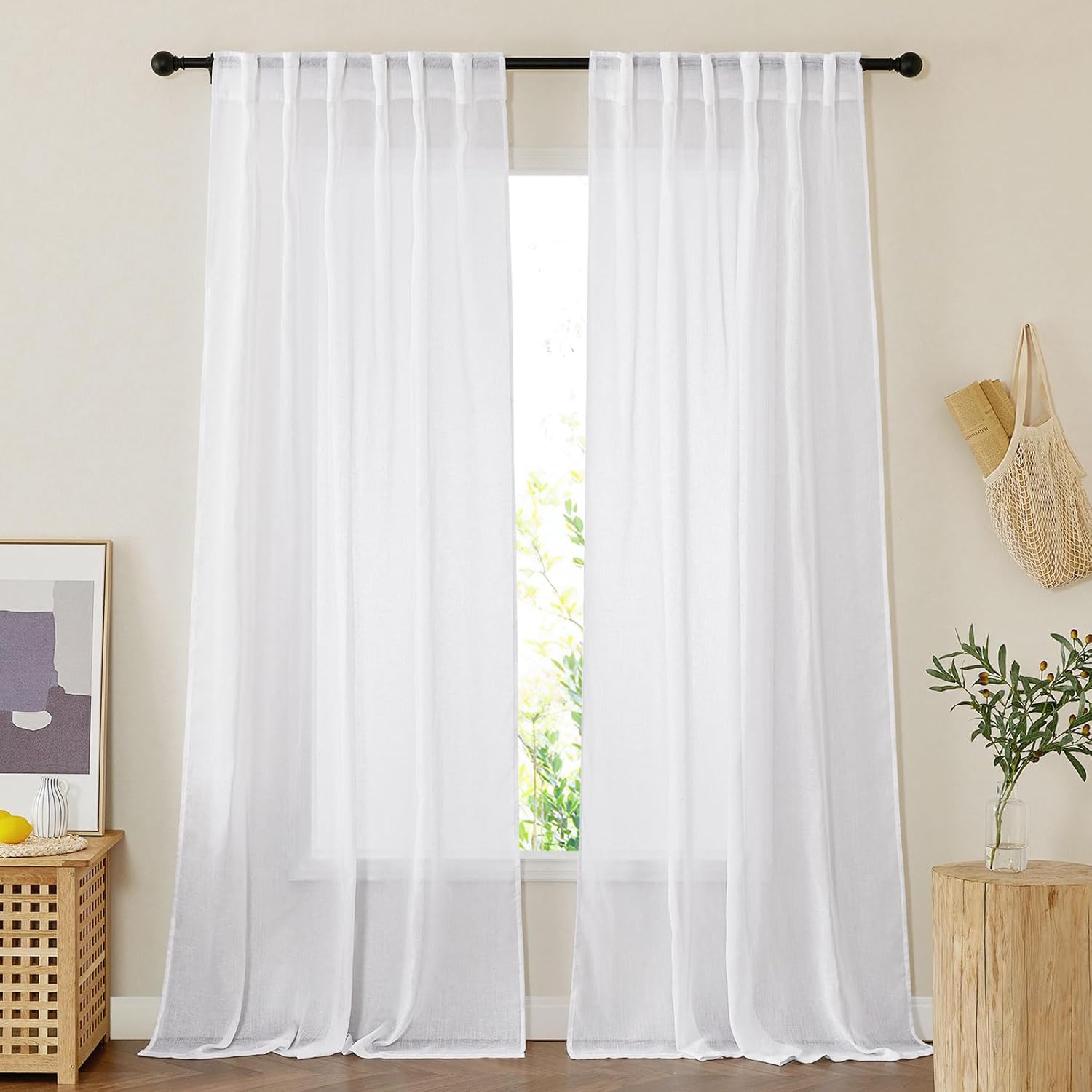 NICETOWN White Linen Sheer 120 inch Curtains for Living Room, Rod Pocket & Back Tab Semi Sheer Window Treatment Privacy with Light Filtering for Farmhouse/Bedroom, W52 x L120, 2 Panels