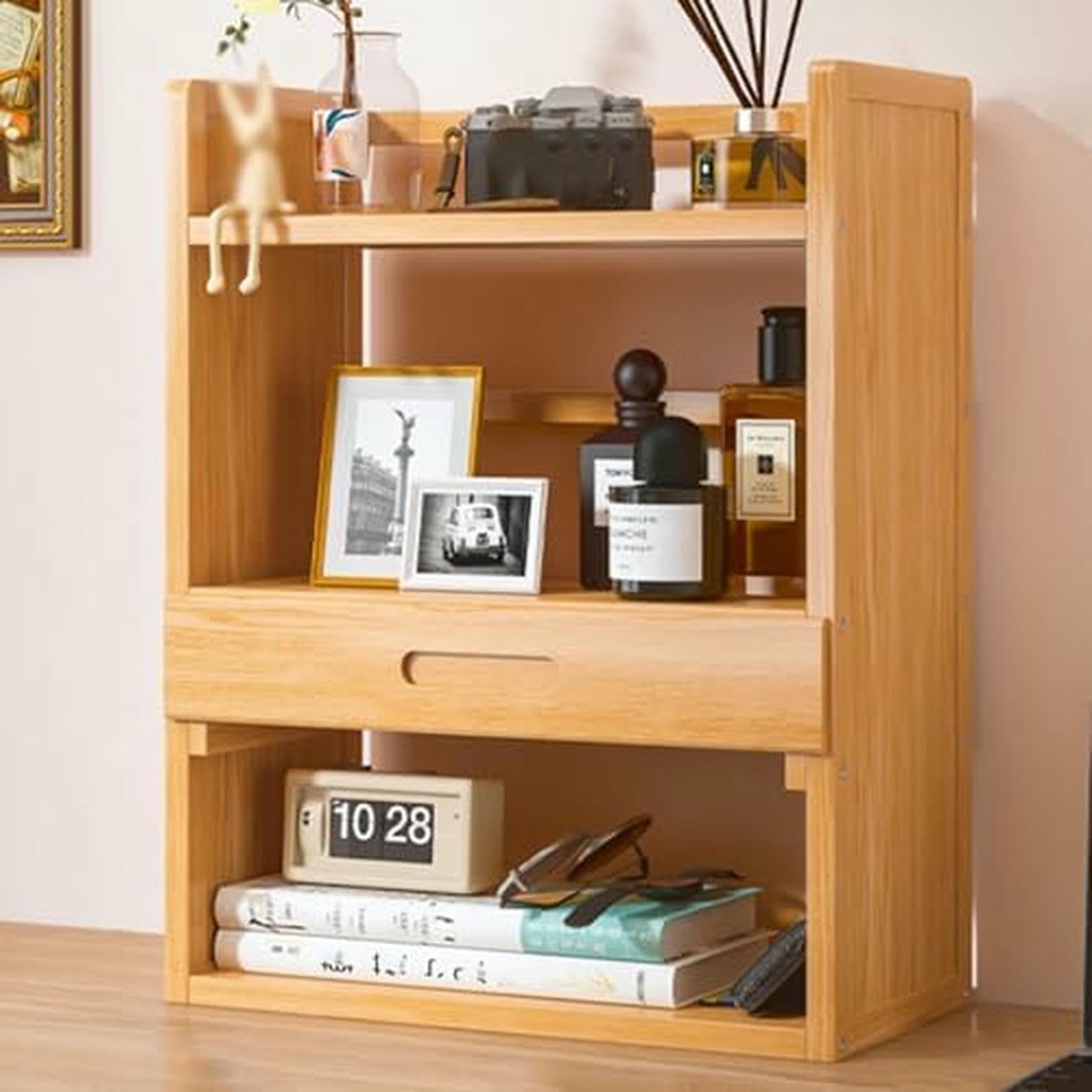 CWCQGH Walnut Desk Hutch Top Only - Desktop Bookshelf & Wooden Storage Rack for Home Office & College Dorm - Space-Saving Organizer with Drawer for Counters,Wood Three-layer+Drawer-70cm