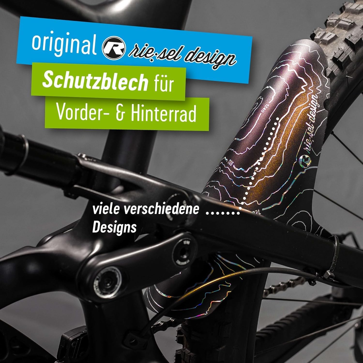 Riesel Design - Front Big Bike Fender for Face and Suspension Fork Protection - Secure Fit, for Enduro, Trail, All Mountain, Cross Country, Freeride, Downhill or E-MTB - KOL:OSS