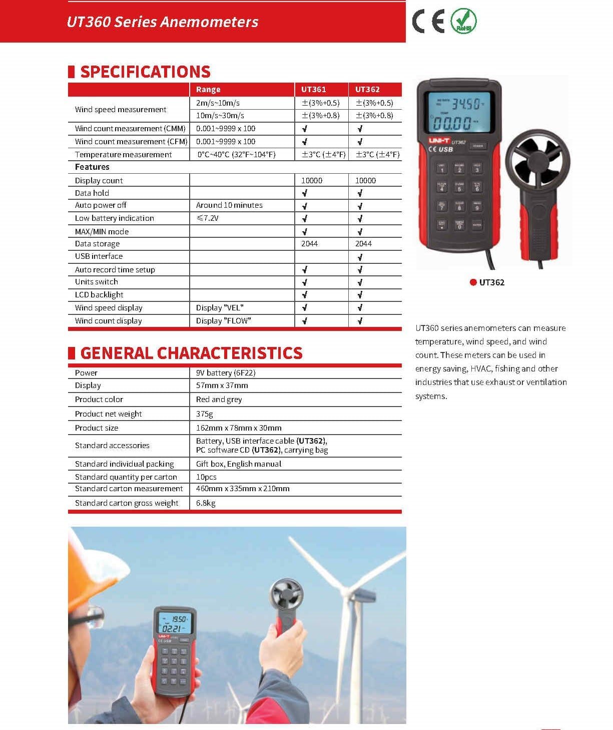 Detailed specifications table for UNI-T UT360 series anemometers, including UT361 and UT362 models