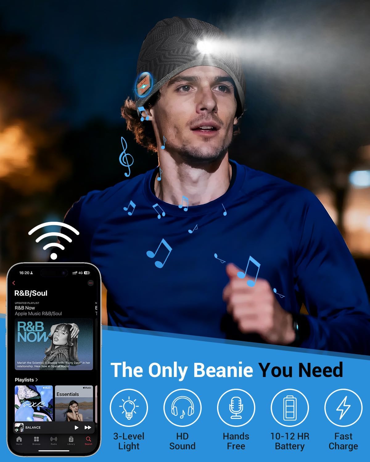 Bluetooth Beanie with a Light, Rechargeable Hat with 4 LED Headlamp & Headphones, Christmas Stocking Stuffers Gifts for Men