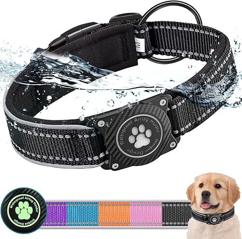 OKVSKO Collar para perro Airtag con soporte impermeable para AirTag, luminoso reflectante, acolchado suave, collar de nailon ajustable para perros