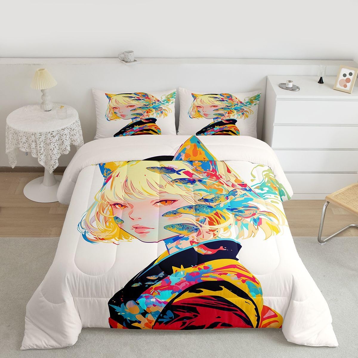 Erosebridal 3D Bedding Comforter Sets - Japanese Girl Style Full for Cartoon Fans - Kawaii Design Pattern Duvet Insert with 2 Pillow Cases