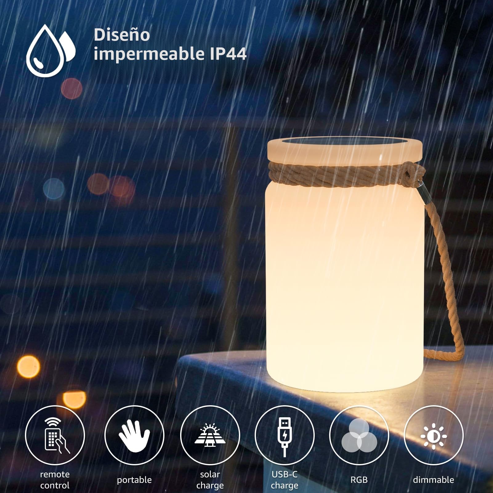 Lámpara de Mesa Solar LED Recargable 2 en 1: Inalámbrica con Control Remoto, 8 Colores Ajustables, IP44 para Balcón Jardín Camping Terraza