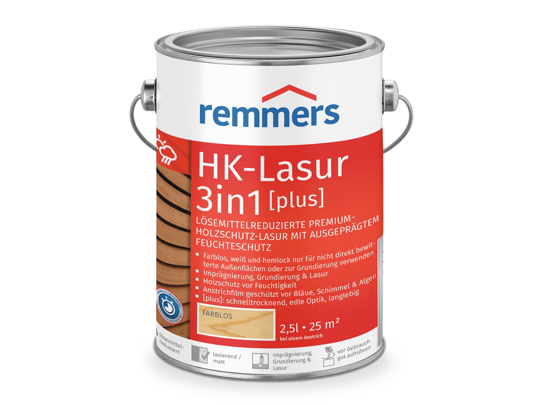Remmers Vernice trasparente Acqua HK 3in1 incolore, 2,5 litri, vernice per legno, per recinzioni, copertura per auto, casette da giardino, impregnante + fondo + finitura in uno