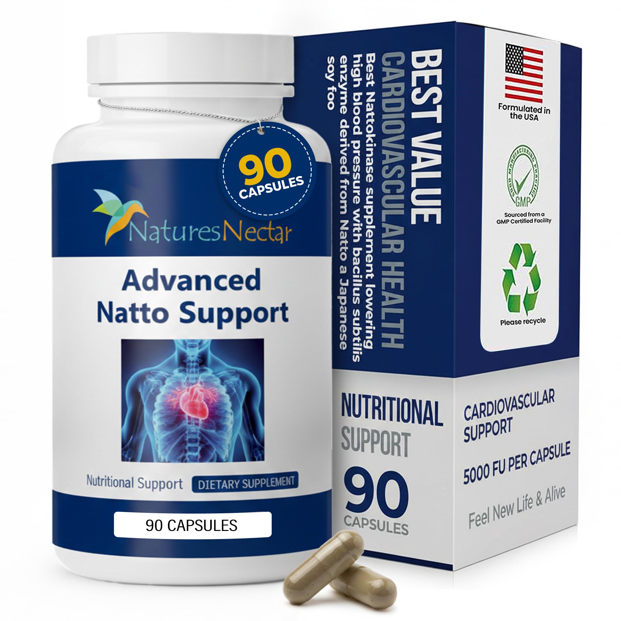 Organic Nattokinase supplement 250mg – Double Strength Nattokinase 5000 fu Natural Blood Thinner Supports Cardiovascular & Blood Circulation Health – Non GMO & Gluten Free, 90 Capsules